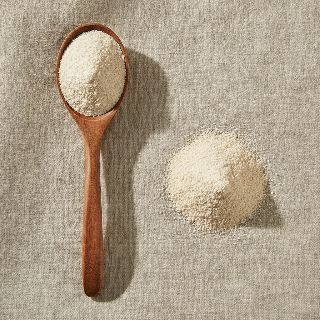 Apple Fiber Powder (Malus Domestica) | Create a luxurious, photorealistic product photograph featuring the original product naturally arranged in an elegant handcrafted wooden spoon on a soft, finely