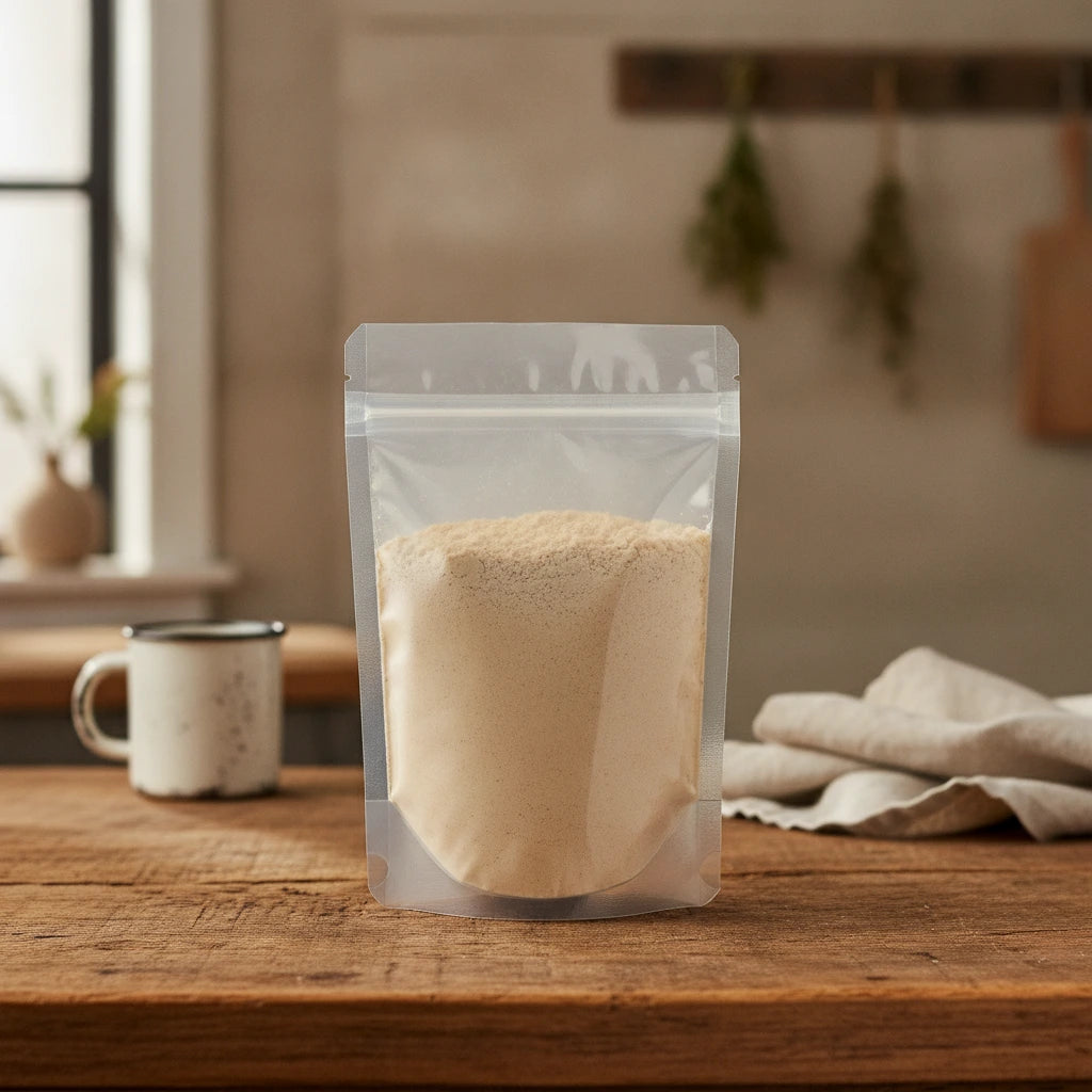 Apple Fruit Powder (Malus Domestica) | The herb/berry/powder/fruit/root/bark that is in the black bowl, i would like it to shown in a plastic stand up resalable pouch that is clear.