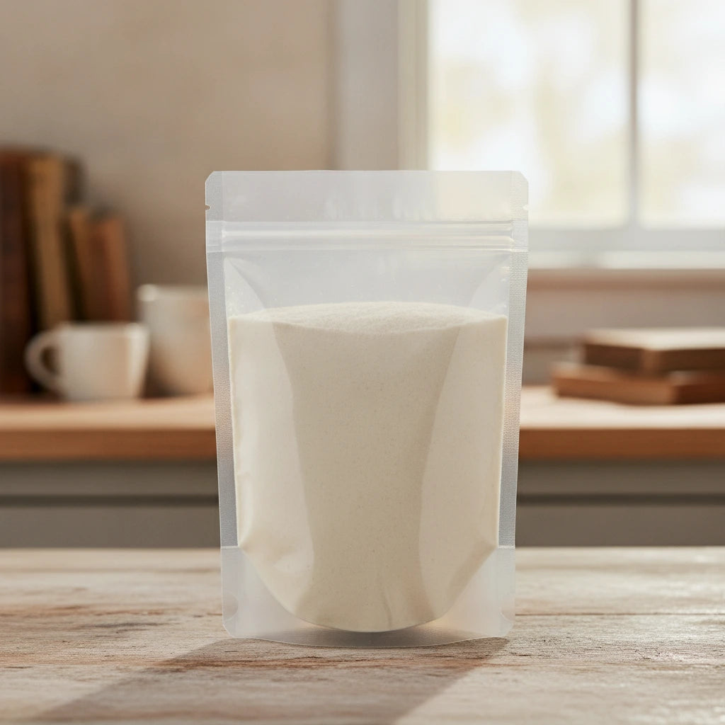 Apple Pectin Powder (Malus Spp.) | The herb/berry/powder/fruit/root/bark that is in the black bowl, i would like it to shown in a plastic stand up resalable pouch that is clear.