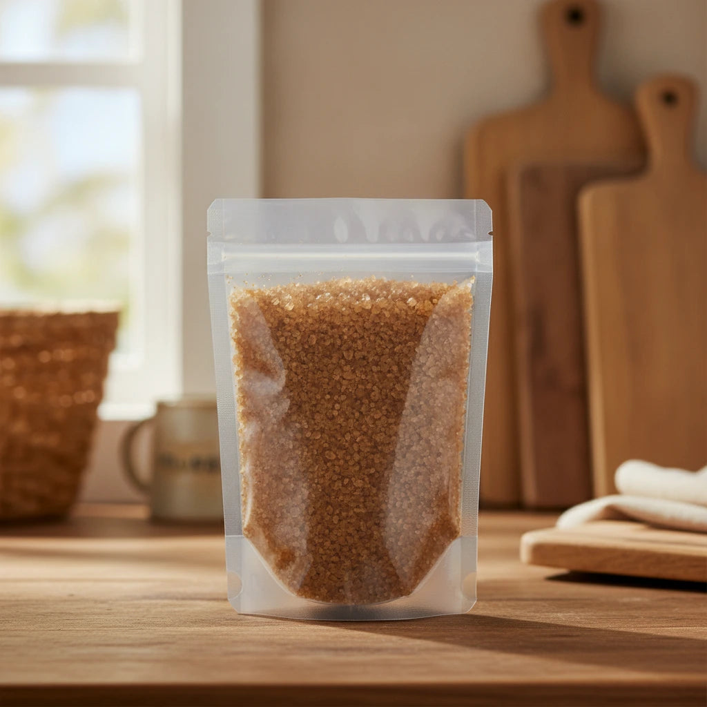 Applewood Smoked Sea Salt | The herb/berry/powder/fruit/root/bark that is in the black bowl, i would like it to shown in a plastic stand up resalable pouch that is clear.