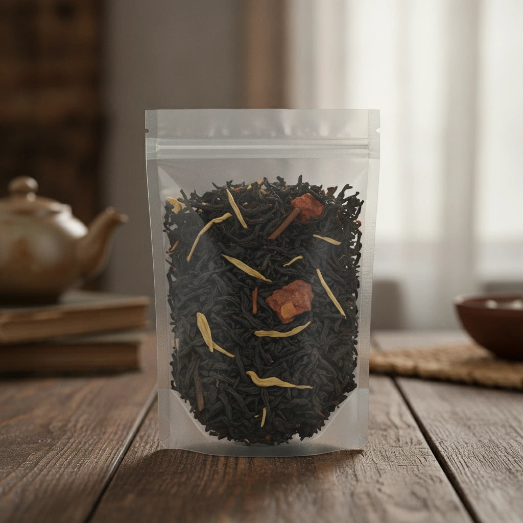 Apricot Fruit Black Tea Blend (Camellia Sinensis) | The herb/powder/tea that is in the black bowl, i would like it to shown in a plastic stand up resalable bag that is clear.