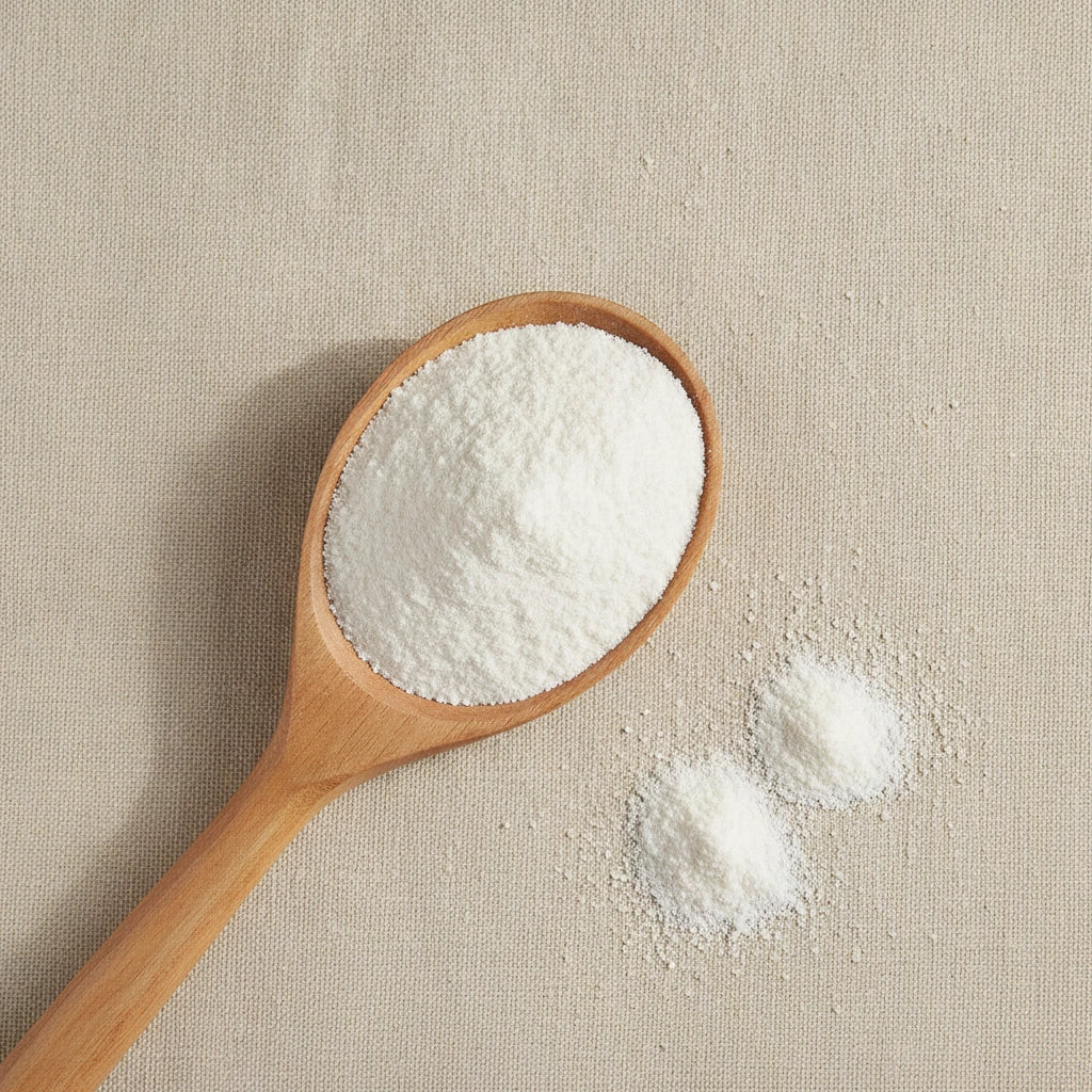 Arabic Gum Powder (Acacia Species) | Create a luxurious, photorealistic product photograph featuring the original product naturally arranged in an elegant handcrafted wooden spoon on a soft, finely