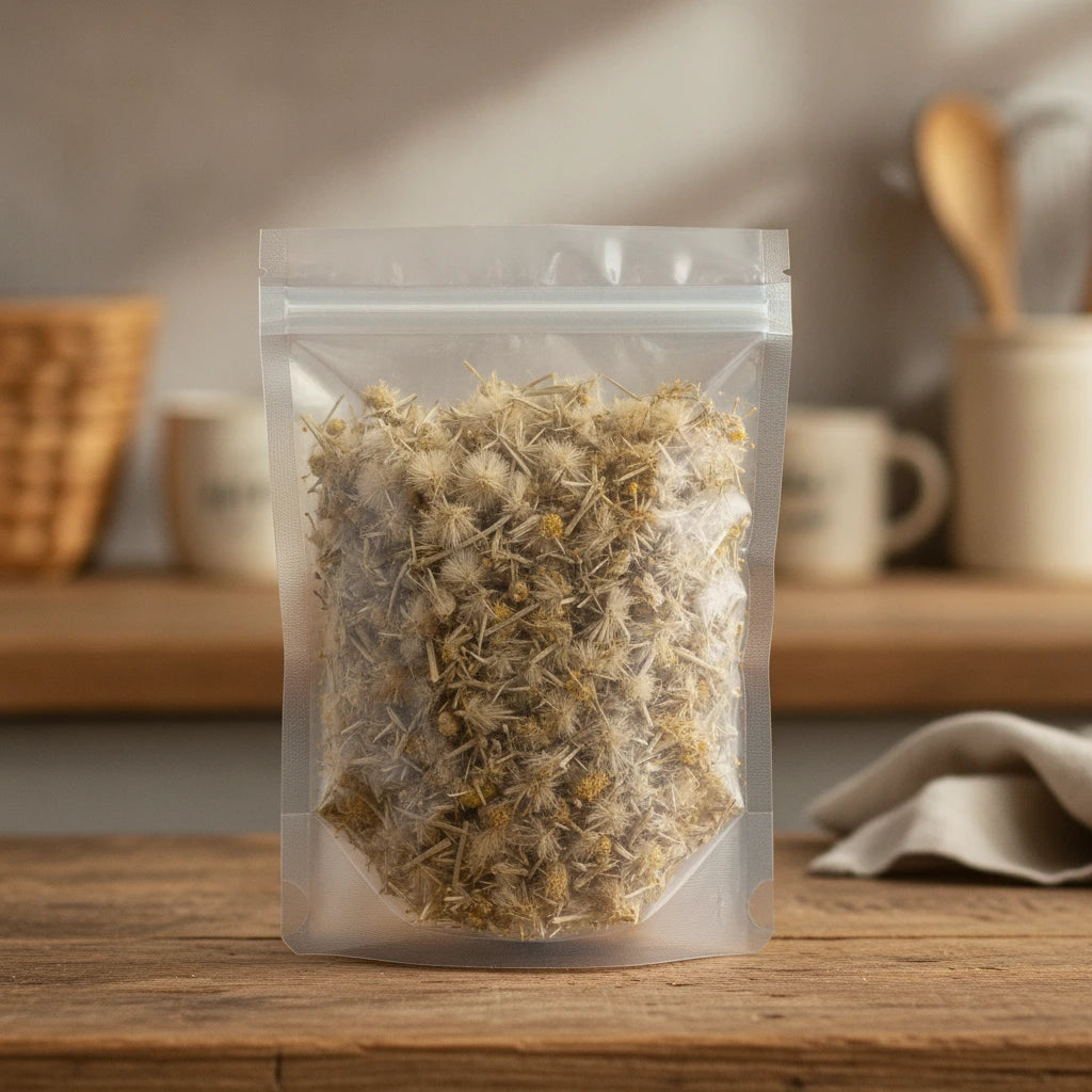 Arnica Flowers Whole (Heteroteca Inuloides) | The herb/berry/powder/fruit/root/bark that is in the black bowl, i would like it to shown in a plastic stand up resalable pouch that is clear.