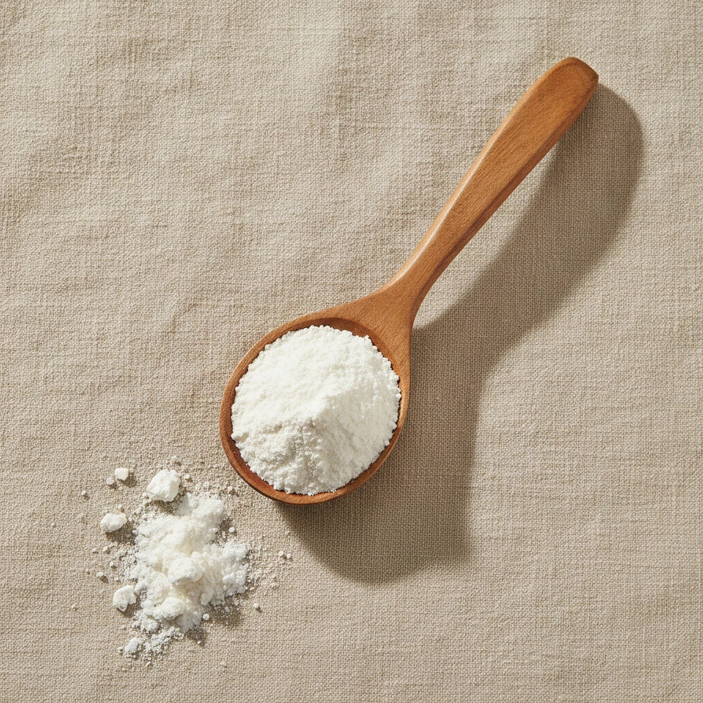 Arrowroot Powder (Maranta Arundinacea) | Create a luxurious, photorealistic product photograph featuring the original product naturally arranged in an elegant handcrafted wooden spoon on a soft, finely