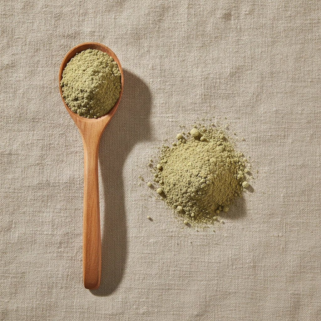 Artichoke Leaf Powder (Cynara Scolymus) | Create a luxurious, photorealistic product photograph featuring the original product naturally arranged in an elegant handcrafted wooden spoon on a soft, finely