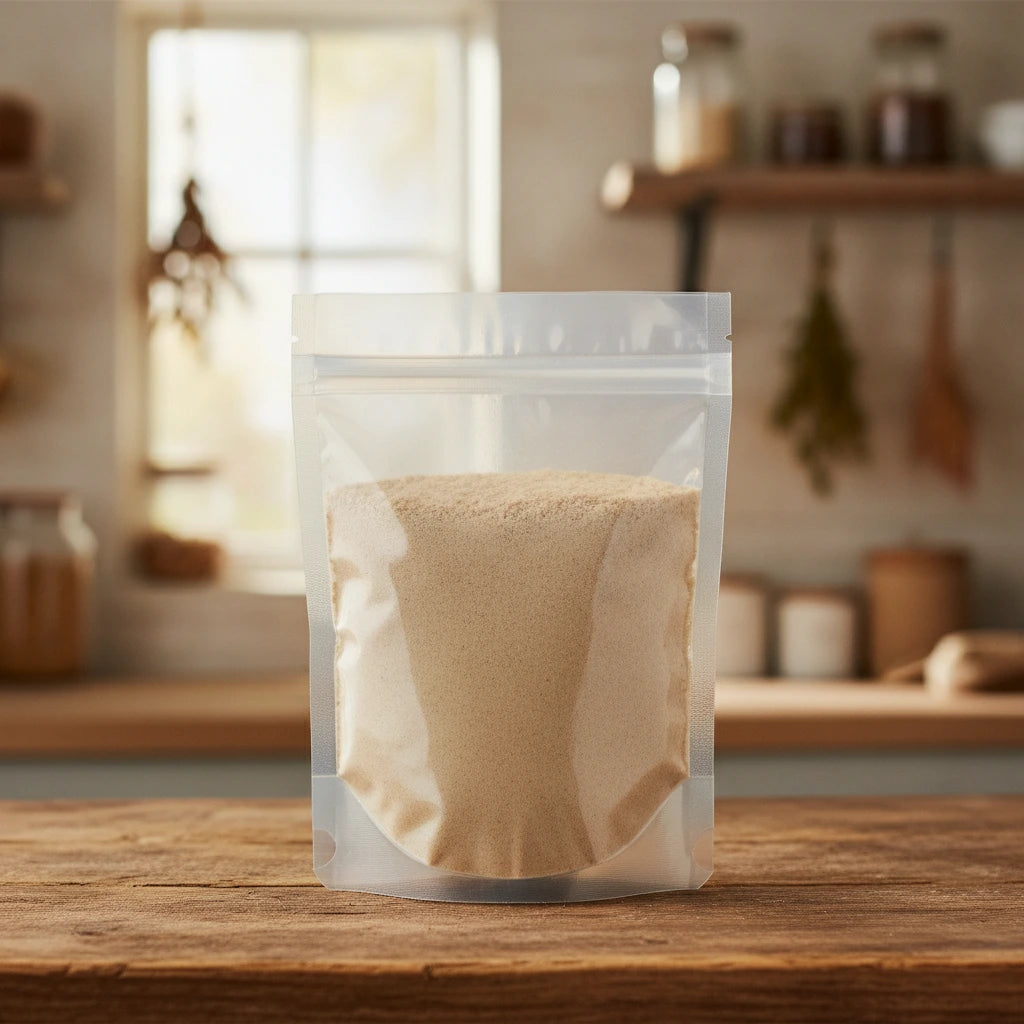 Ashwagandha Root Extract Powder (Withania Somnifera) | The herb/berry/powder/fruit/root/bark that is in the black bowl, i would like it to shown in a plastic stand up resalable pouch that is clear.