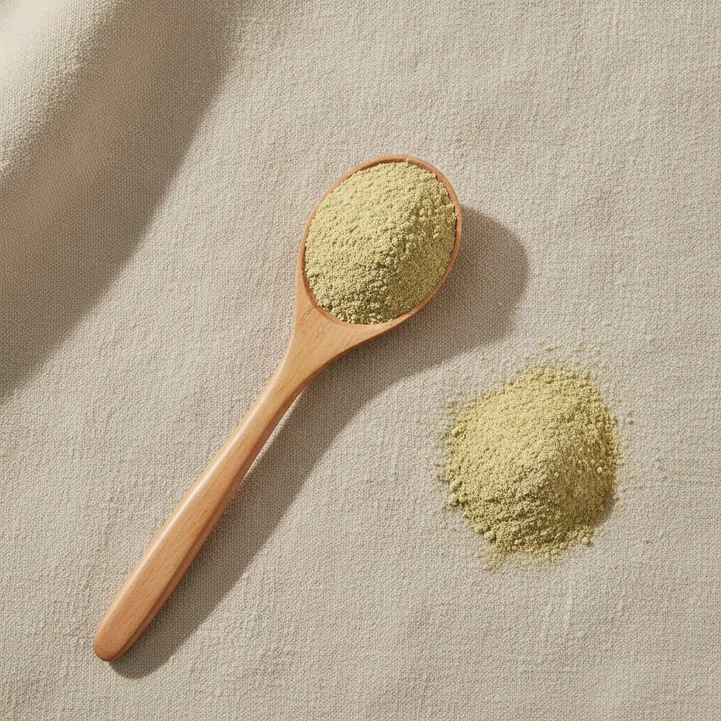 Asparagus Extract Powder (Asparagus Officinalis) | Create a luxurious, photorealistic product photograph featuring the original product naturally arranged in an elegant handcrafted wooden spoon on a soft, finely