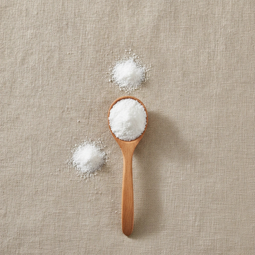 Aspartame Powder (L-Aspartyl-L-phenylalanine methyl ester) | Create a luxurious, photorealistic product photograph featuring the original product naturally arranged in an elegant handcrafted wooden spoon on a soft, finely