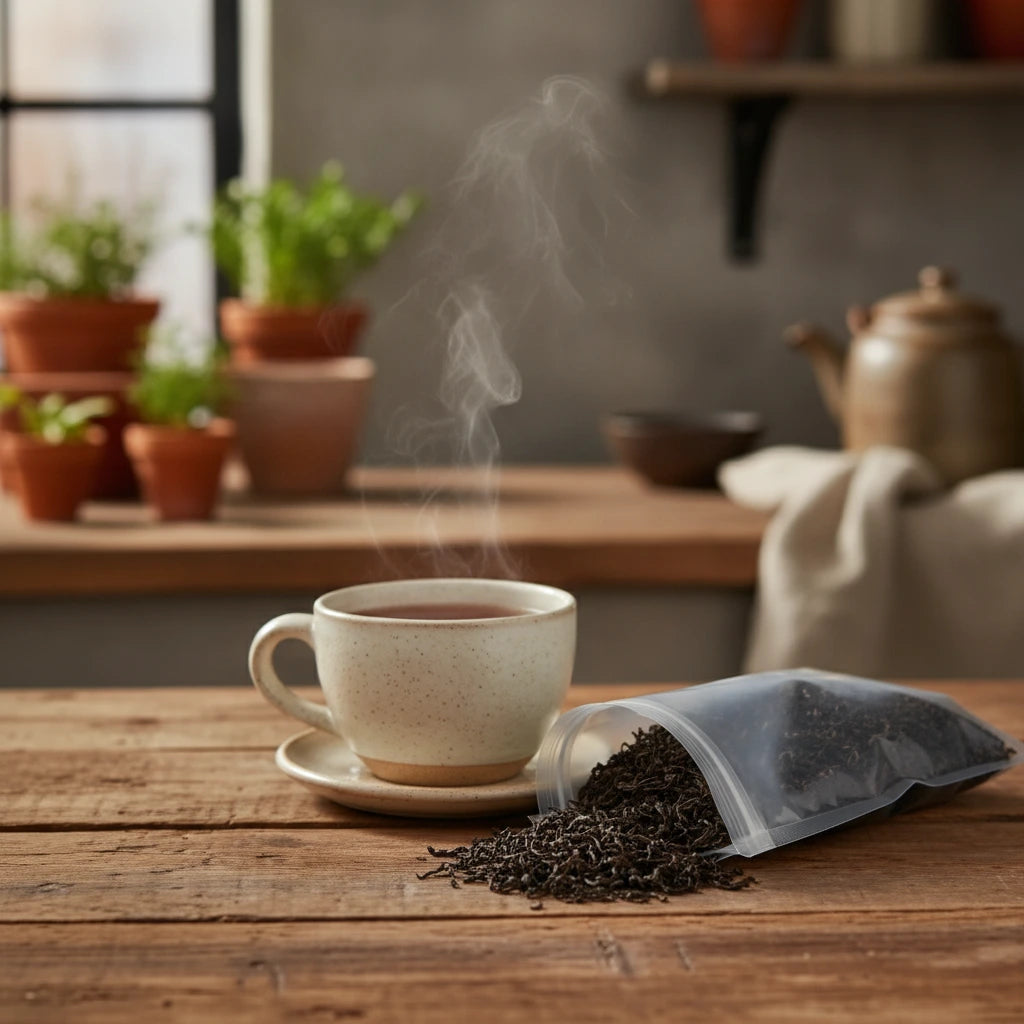 Assam Black Tea (Kondoli) (Camellia Sinensis) | Can you show this tea outside of the bag and bowl, on a table next to a hot tea cup in a rustic home.