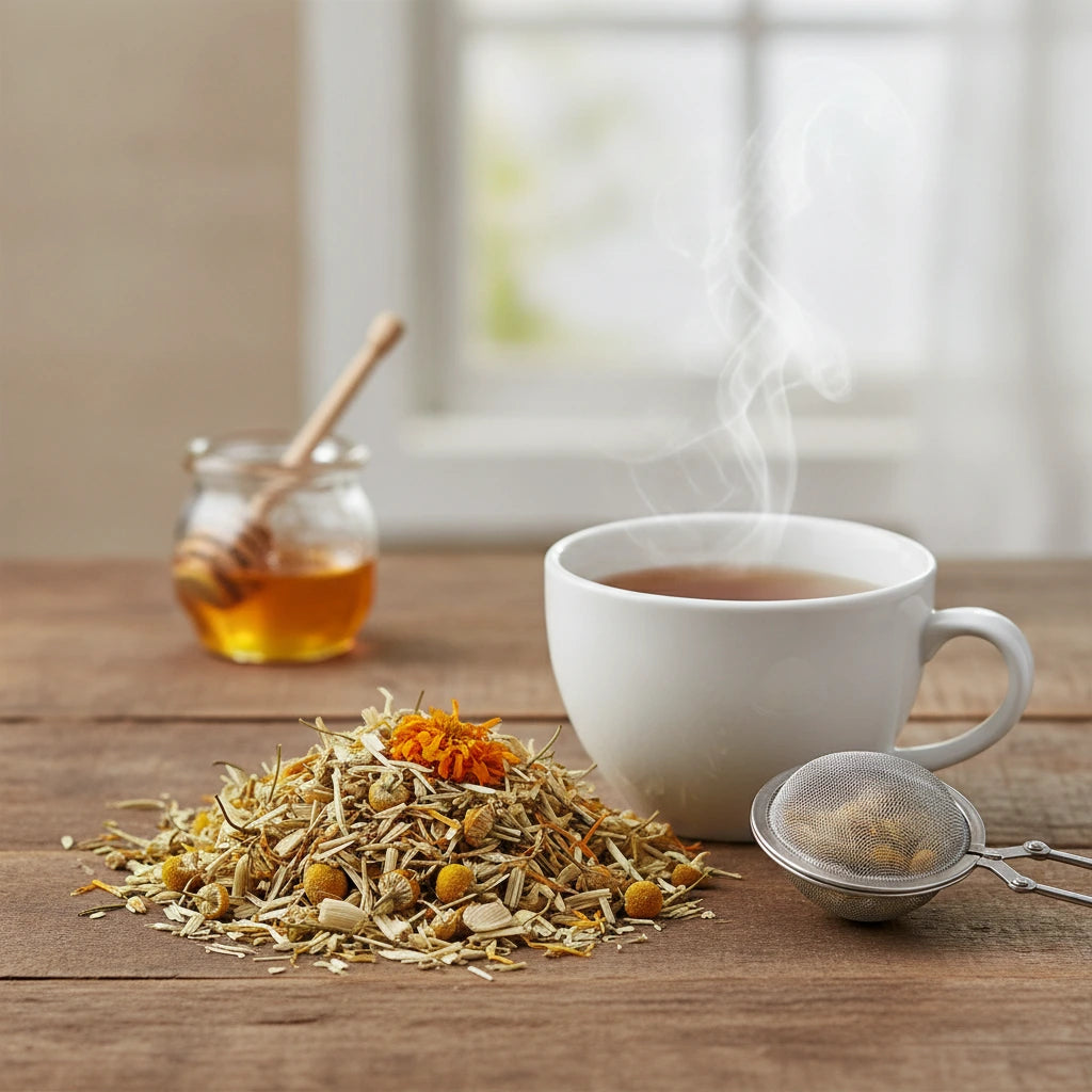 Avena Dream Herbal Tea (Matricaria Recutita) | Can you show this tea outside of the bag and bowl, on a table next to a hot tea cup in a rustic home.
