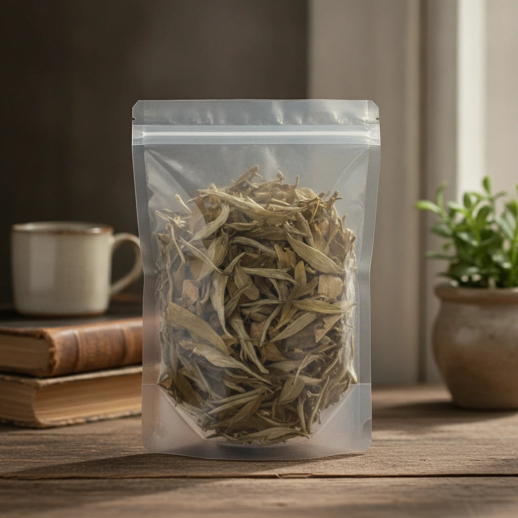 Bai Mu Dan White Tea (Camellia Sinensis) | The herb/powder/tea that is in the black bowl, i would like it to shown in a plastic stand up resalable bag that is clear.