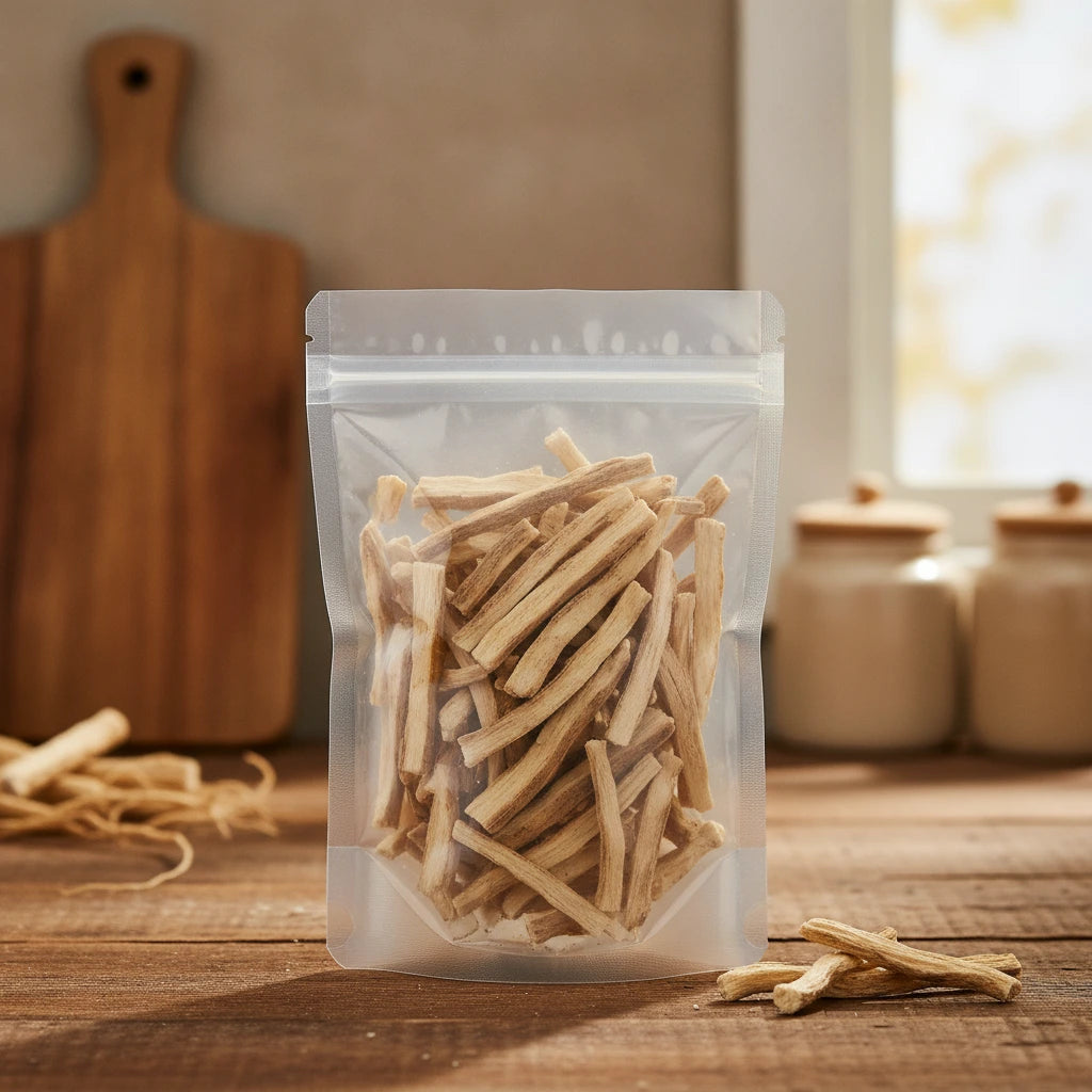 Balloon Flower Root Pieces (Radix Platycodi) | The herb/berry/powder/fruit/root/bark that is in the black bowl, i would like it to shown in a plastic stand up resalable pouch that is clear.