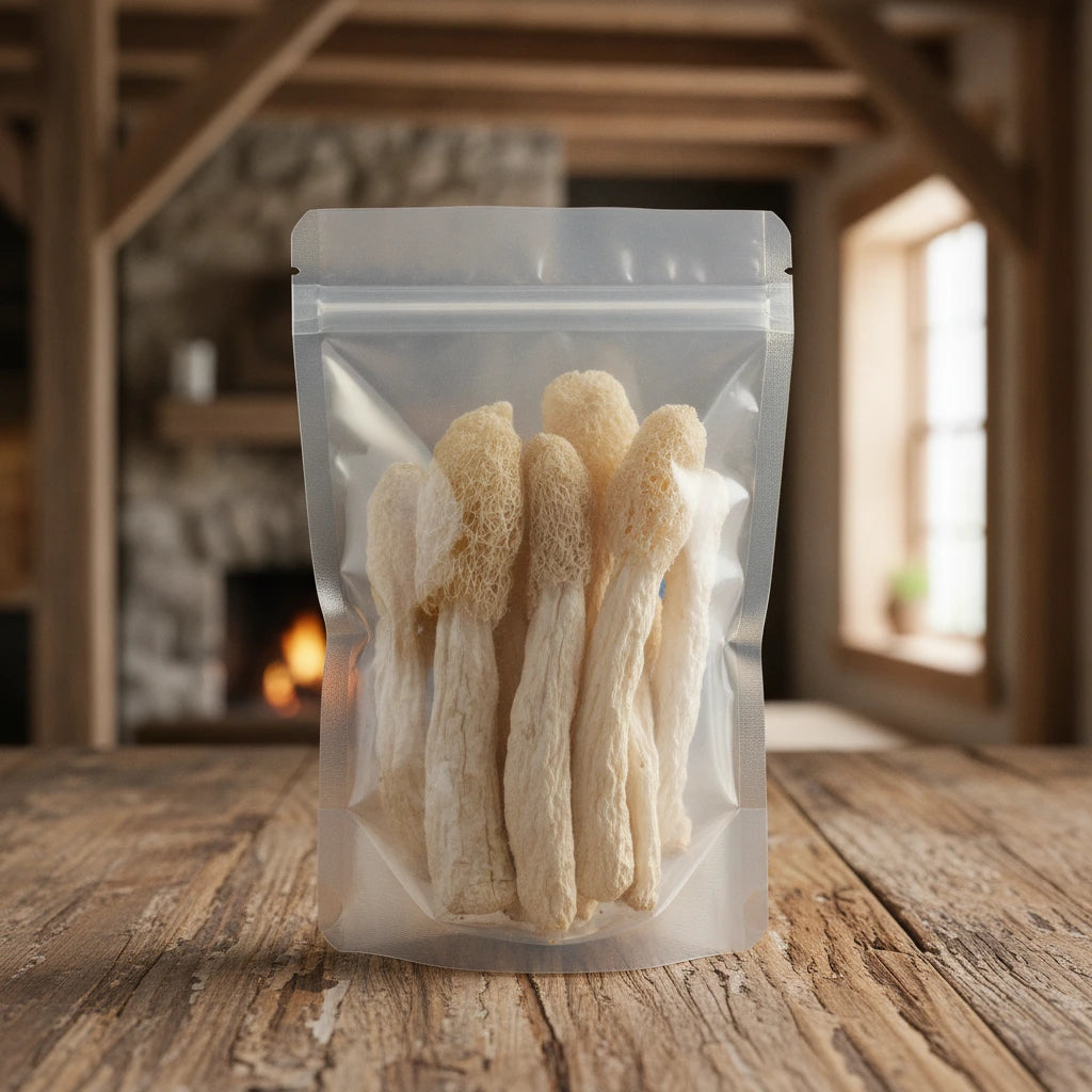 Bamboo Pith Mushroom Whole (Phallus Indusiatus) | The herb/berry/powder/fruit/root/bark that is in the black bowl, i would like it to shown in a plastic stand up resalable pouch that is clear.