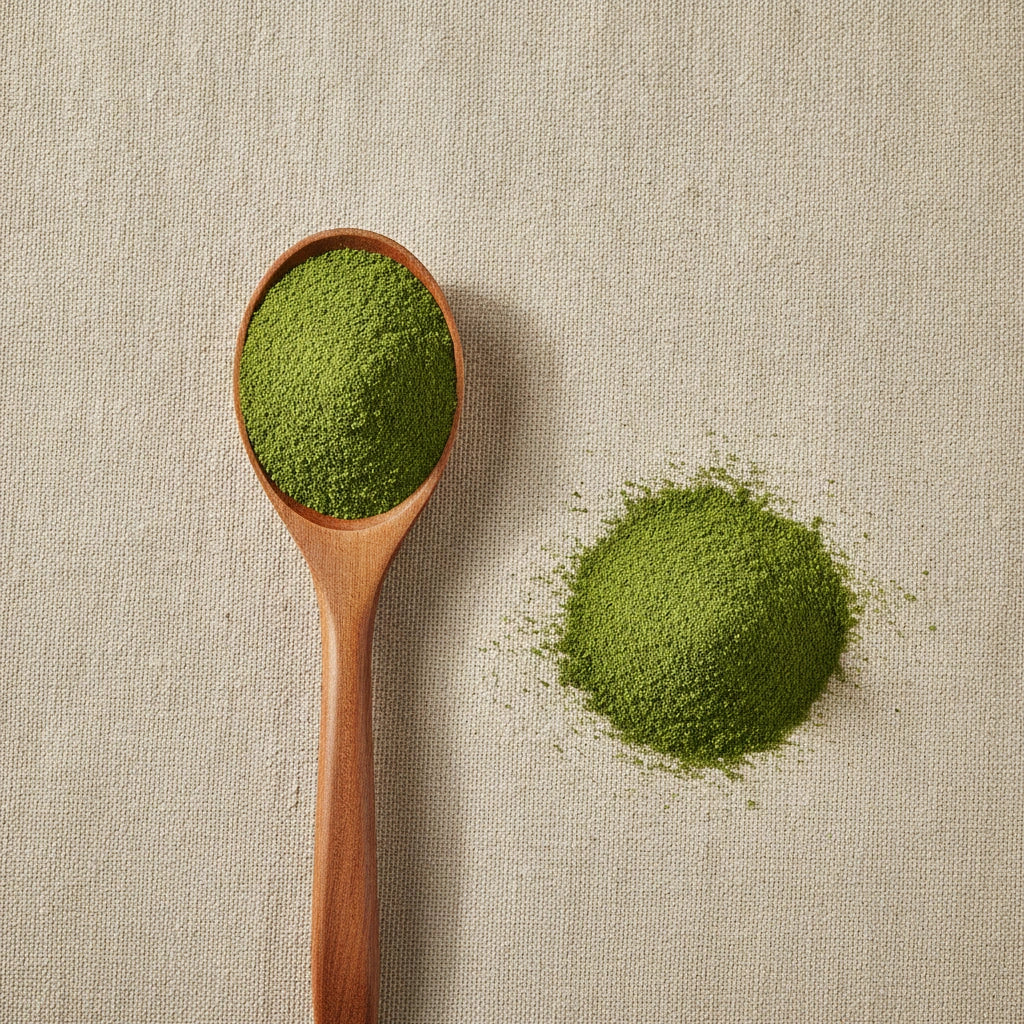 Barley Grass Powder (Hordeum Vulgare) | Create a luxurious, photorealistic product photograph featuring the original product naturally arranged in an elegant handcrafted wooden spoon on a soft, finely