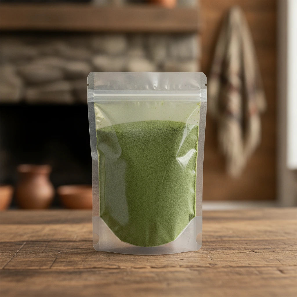 Basil Leaf Powder (Ocimum Basilicum) | The herb/berry/powder/fruit/root/bark that is in the black bowl, i would like it to shown in a plastic stand up resalable pouch that is clear.