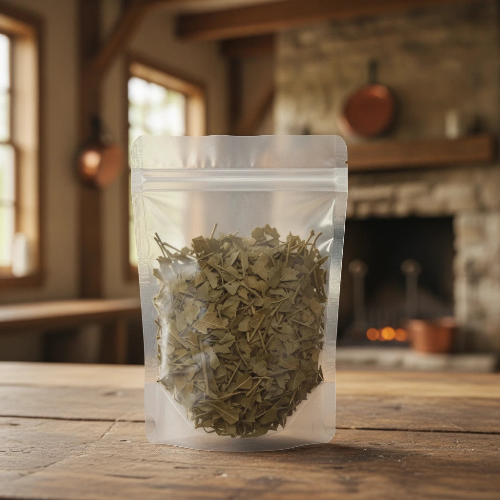Bayberry Leaf Cut (Myrica Cerifera) | The herb/berry/powder/fruit/root/bark that is in the black bowl, i would like it to shown in a plastic stand up resalable pouch that is clear.