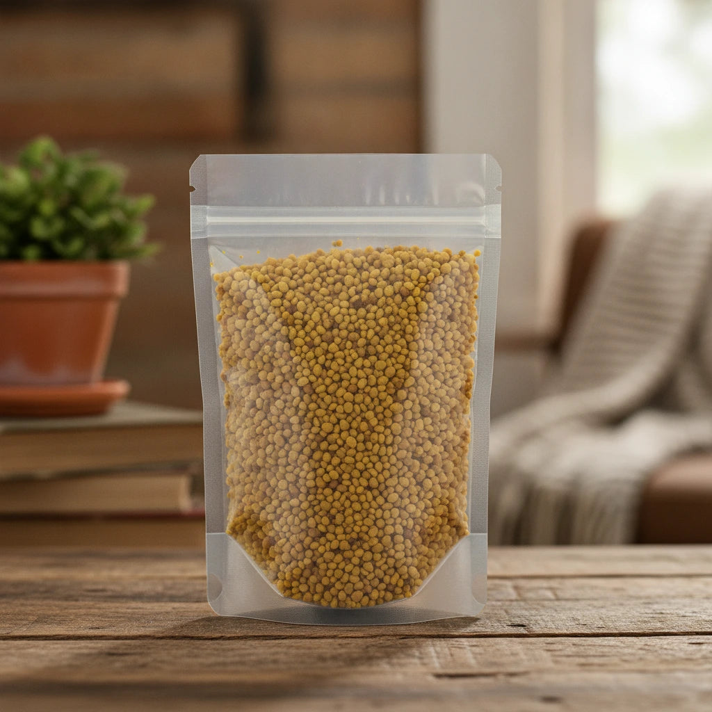 Bee Pollen Granules | The herb/berry/powder/fruit/root/bark that is in the black bowl, i would like it to shown in a plastic stand up resalable pouch that is clear.