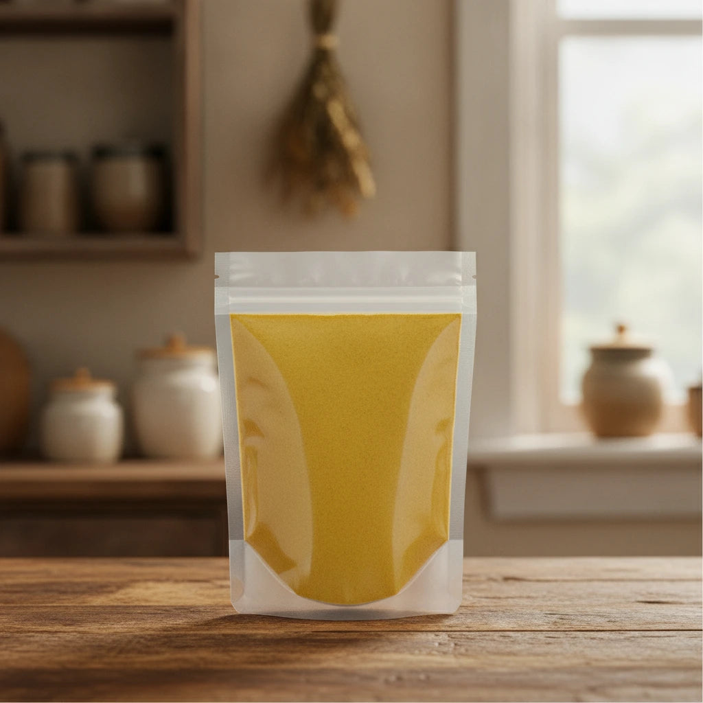 Bee Pollen Powder | The herb/berry/powder/fruit/root/bark that is in the black bowl, i would like it to shown in a plastic stand up resalable pouch that is clear.