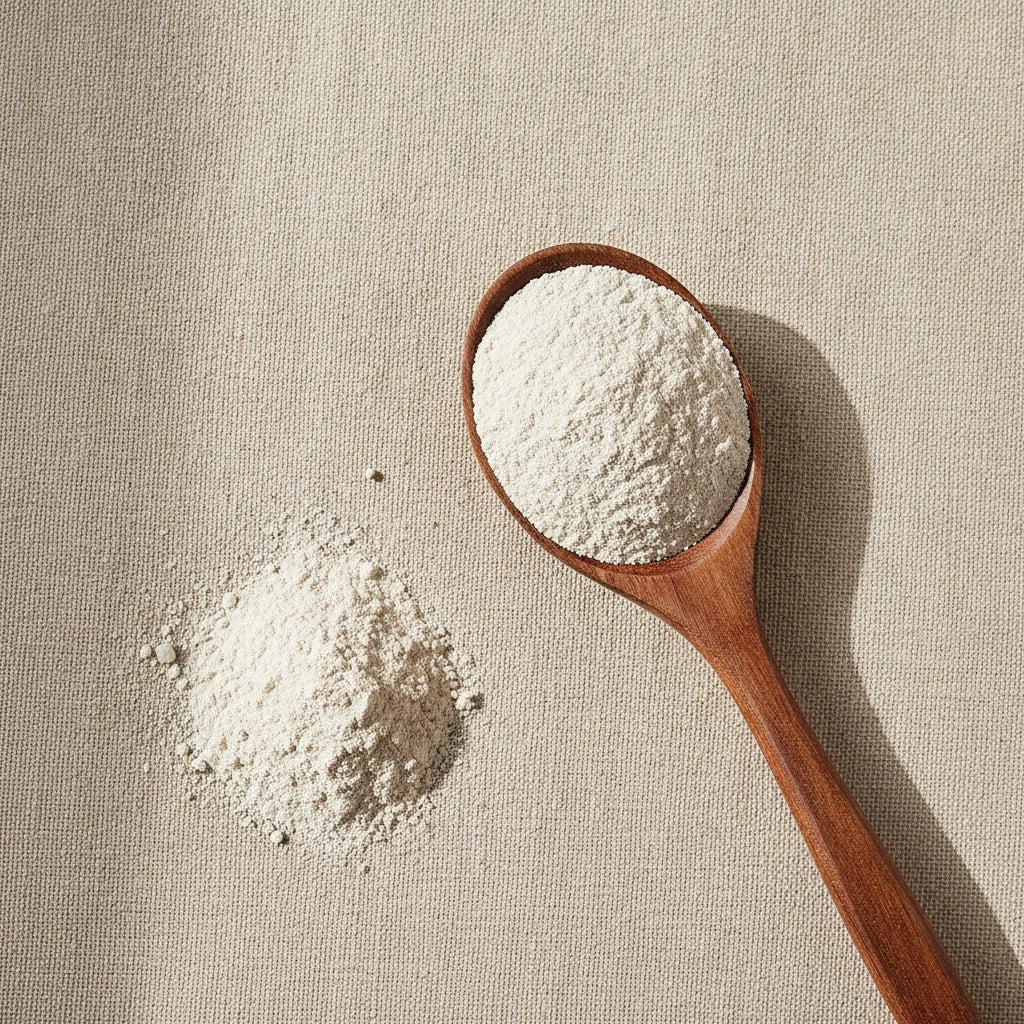 Bentonite Clay Powder (Hydrous Silicate of Alumina) | Create a luxurious, photorealistic product photograph featuring the original product naturally arranged in an elegant handcrafted wooden spoon on a soft, finely