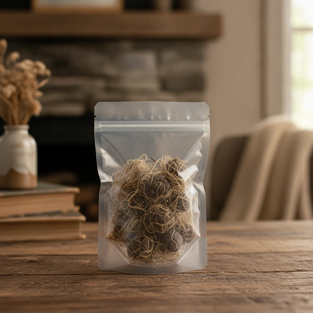 Beth Root Whole (Trillium Pendulum) | The herb/berry/powder/fruit/root/bark that is in the black bowl, i would like it to shown in a plastic stand up resalable pouch that is clear.
