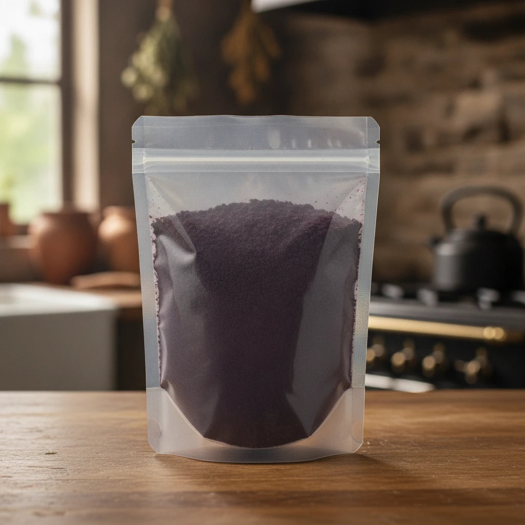 Bilberry Fruit Extract Powder (Vaccinium Myrtillus) | The herb/berry/powder/fruit/root/bark that is in the black bowl, i would like it to shown in a plastic stand up resalable pouch that is clear.