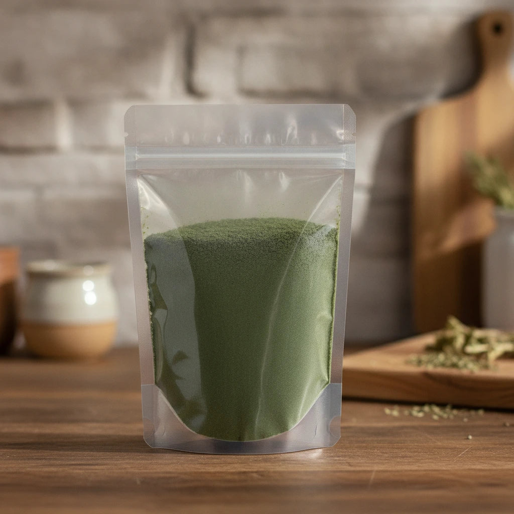 Bilberry Leaf Powder (Vaccinium Myrtillus) | The herb/berry/powder/fruit/root/bark that is in the black bowl, i would like it to shown in a plastic stand up resalable pouch that is clear.