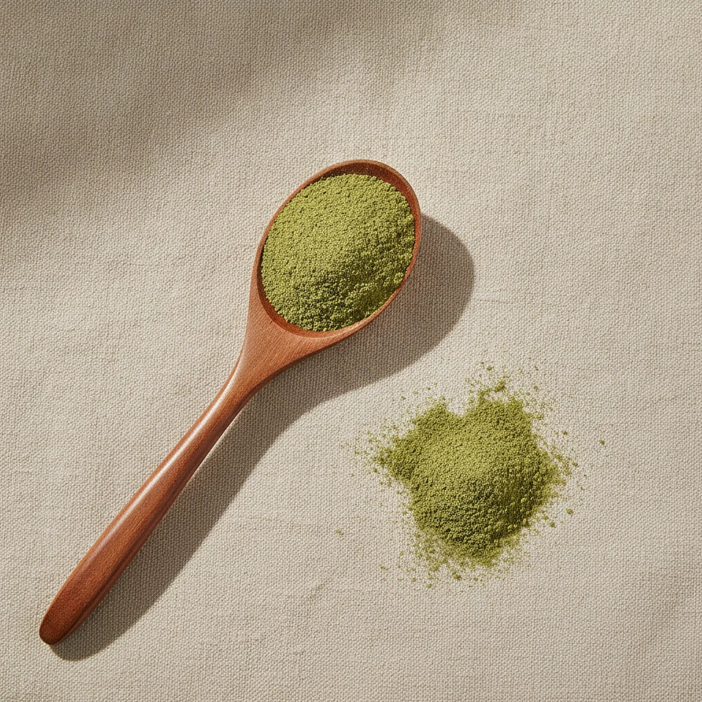 Bitter Melon Powder (Momordica Charantia) | Create a luxurious, photorealistic product photograph featuring the original product naturally arranged in an elegant handcrafted wooden spoon on a soft, finely