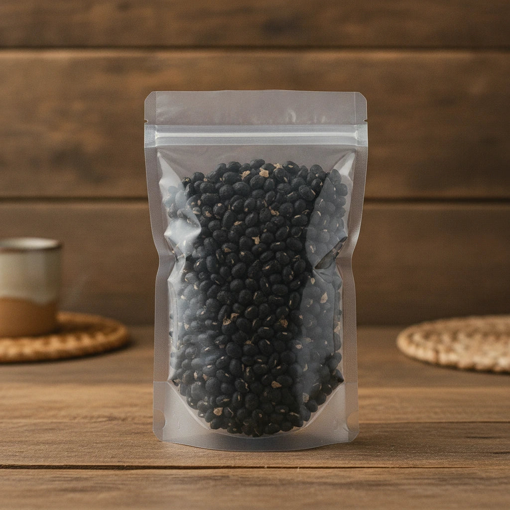 Black Bean Skin Pieces (Dolichos Lablab) | The herb/berry/powder/fruit/root/bark that is in the black bowl, i would like it to shown in a plastic stand up resalable pouch that is clear.