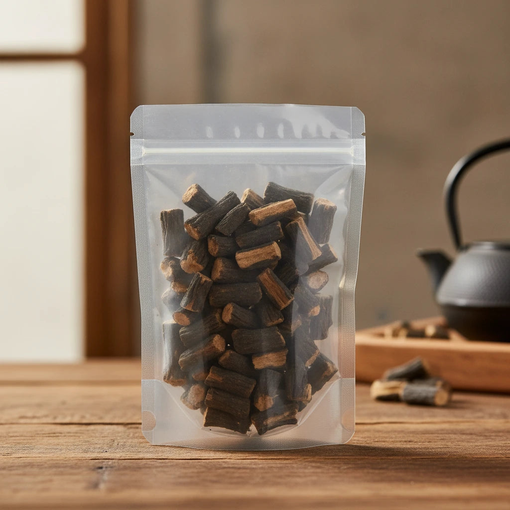 Black Cohosh Rhizome Pieces (Cimicifuga Foetida) | The herb/berry/powder/fruit/root/bark that is in the black bowl, i would like it to shown in a plastic stand up resalable pouch that is clear.