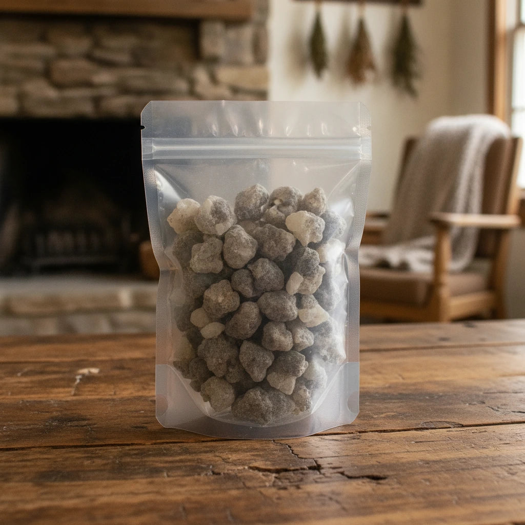 Black Copal Resin Pieces (Bursera Fagaroides) | The herb/berry/powder/fruit/root/bark that is in the black bowl, i would like it to shown in a plastic stand up resalable pouch that is clear.