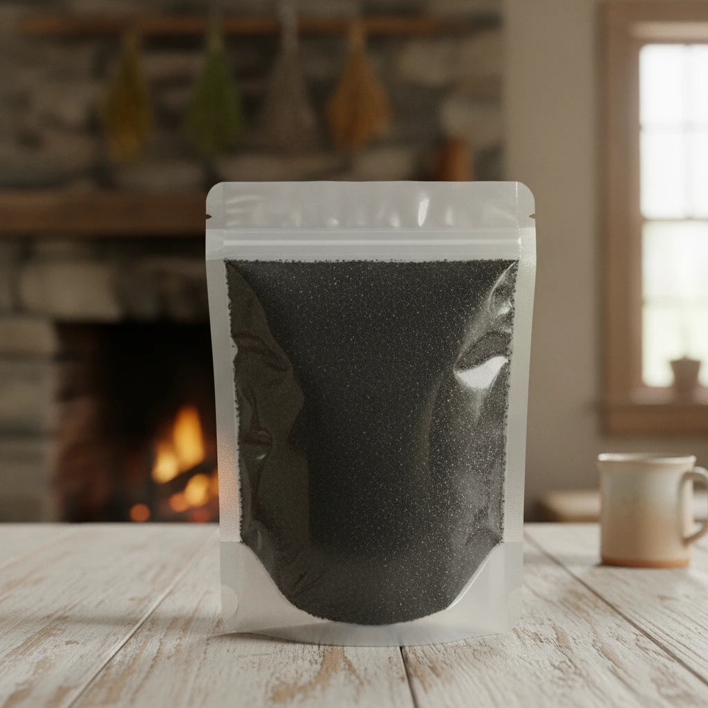 Black Cumin Seed Powder (Nigella Sativa) | The herb/berry/powder/fruit/root/bark that is in the black bowl, i would like it to shown in a plastic stand up resalable pouch that is clear.