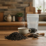 Black Currant Tea (Camellia Sinensis) | Can you show this tea outside of the bag and bowl, on a table next to a hot tea cup in a rustic home.