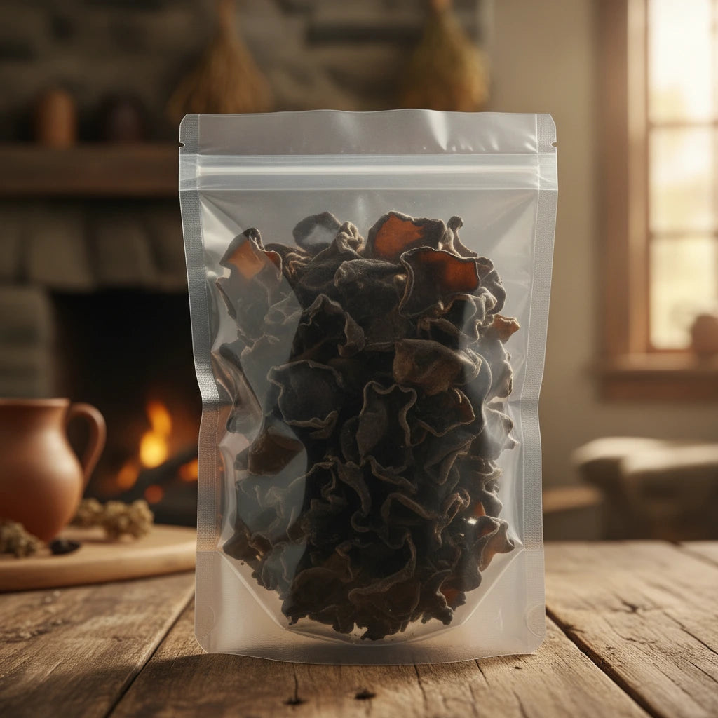 Black Fungus / Wood Ear Mushroom Whole (Auricularia Auricula-Judae) | The herb/berry/powder/fruit/root/bark that is in the black bowl, i would like it to shown in a plastic stand up resalable pouch that is clear.