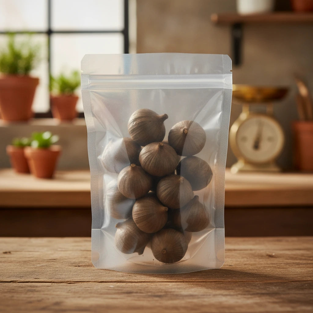 Black Garlic Whole (Allium Sativum L.) | The herb/berry/powder/fruit/root/bark that is in the black bowl, i would like it to shown in a plastic stand up resalable pouch that is clear.