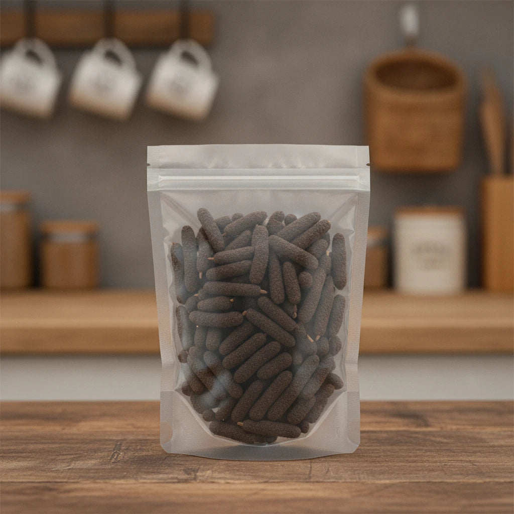 Black Long Pepper Whole (Piper Retrofractum) | The herb/berry/powder/fruit/root/bark that is in the black bowl, i would like it to shown in a plastic stand up resalable pouch that is clear.