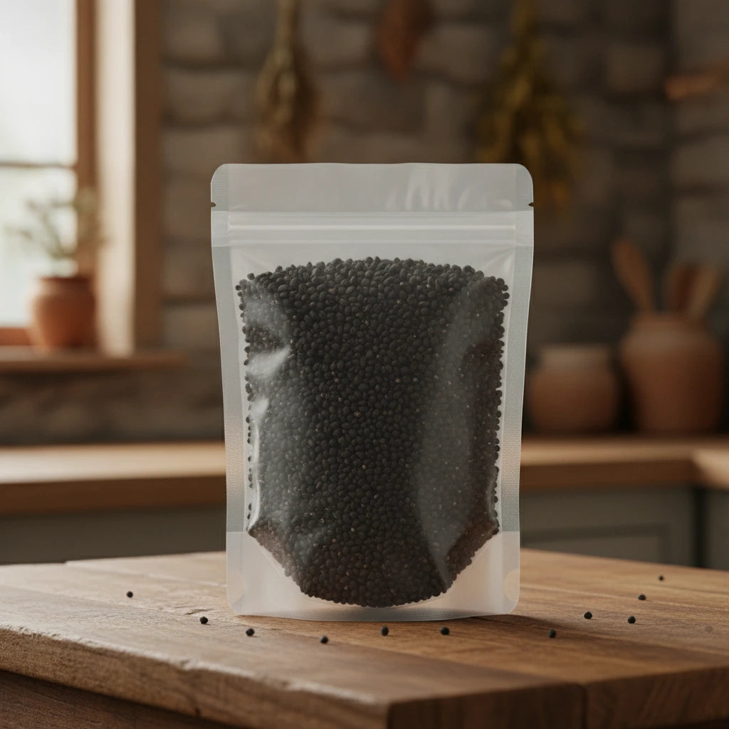 Black Morning Glory Seed Whole (Pharbitis Nil) | The herb/berry/powder/fruit/root/bark/seeds that is in the black bowl, i would like it to shown in a plastic stand up resalable pouch that is clear.