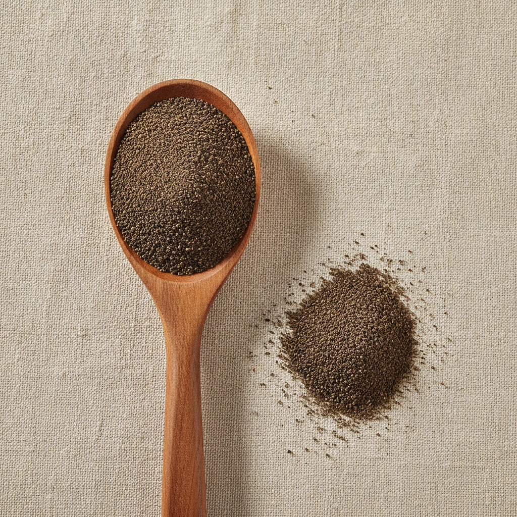 Black Peppercorn Fine Ground 30 Mesh (Piper Nigrum) | Create a luxurious, photorealistic product photograph featuring the original product naturally arranged in an elegant handcrafted wooden spoon on a soft, finely