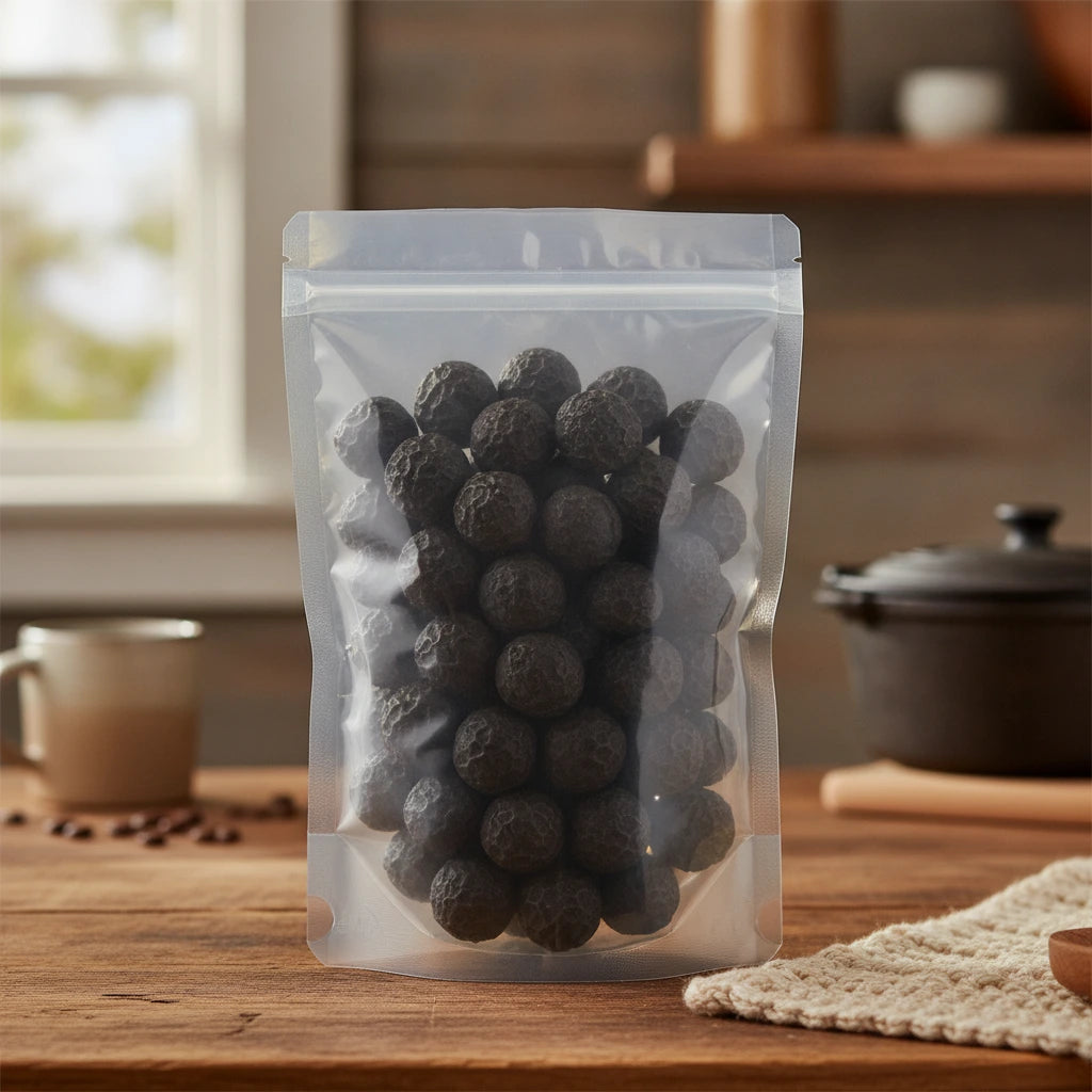 Black Plum Whole (Prunus Mume) | The herb/berry/powder/fruit/root/bark that is in the black bowl, i would like it to shown in a plastic stand up resalable pouch that is clear.