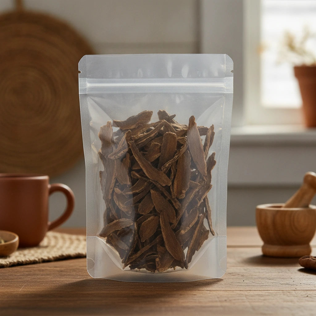 Black Reishi Mushroom Slices (Ganoderma Lucidum) | The herb/berry/powder/fruit/root/bark that is in the black bowl, i would like it to shown in a plastic stand up resalable pouch that is clear.