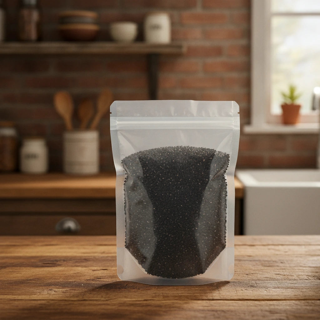 Black Rice Whole (Oryza Sativa) | The herb/berry/powder/fruit/root/bark that is in the black bowl, i would like it to shown in a plastic stand up resalable pouch that is clear.