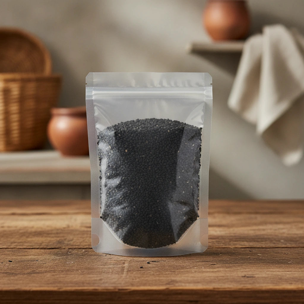 Black Sesame Seed Whole (Sesamum Indicum) | The herb/berry/powder/fruit/root/bark/seeds that is in the black bowl, i would like it to shown in a plastic stand up resalable pouch that is clear.