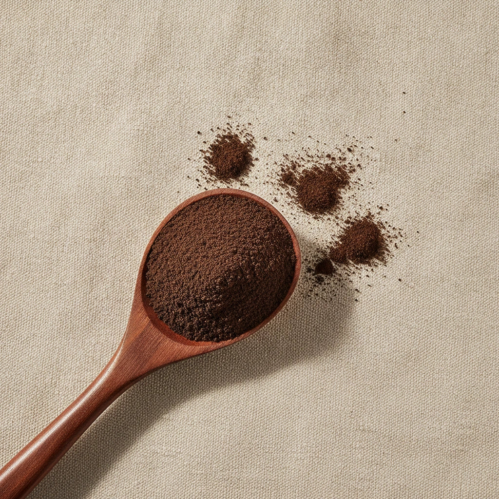 Black Tea Powder (Camellia Sinensis) | Create a luxurious, photorealistic product photograph featuring the original product naturally arranged in an elegant handcrafted wooden spoon on a soft, finely