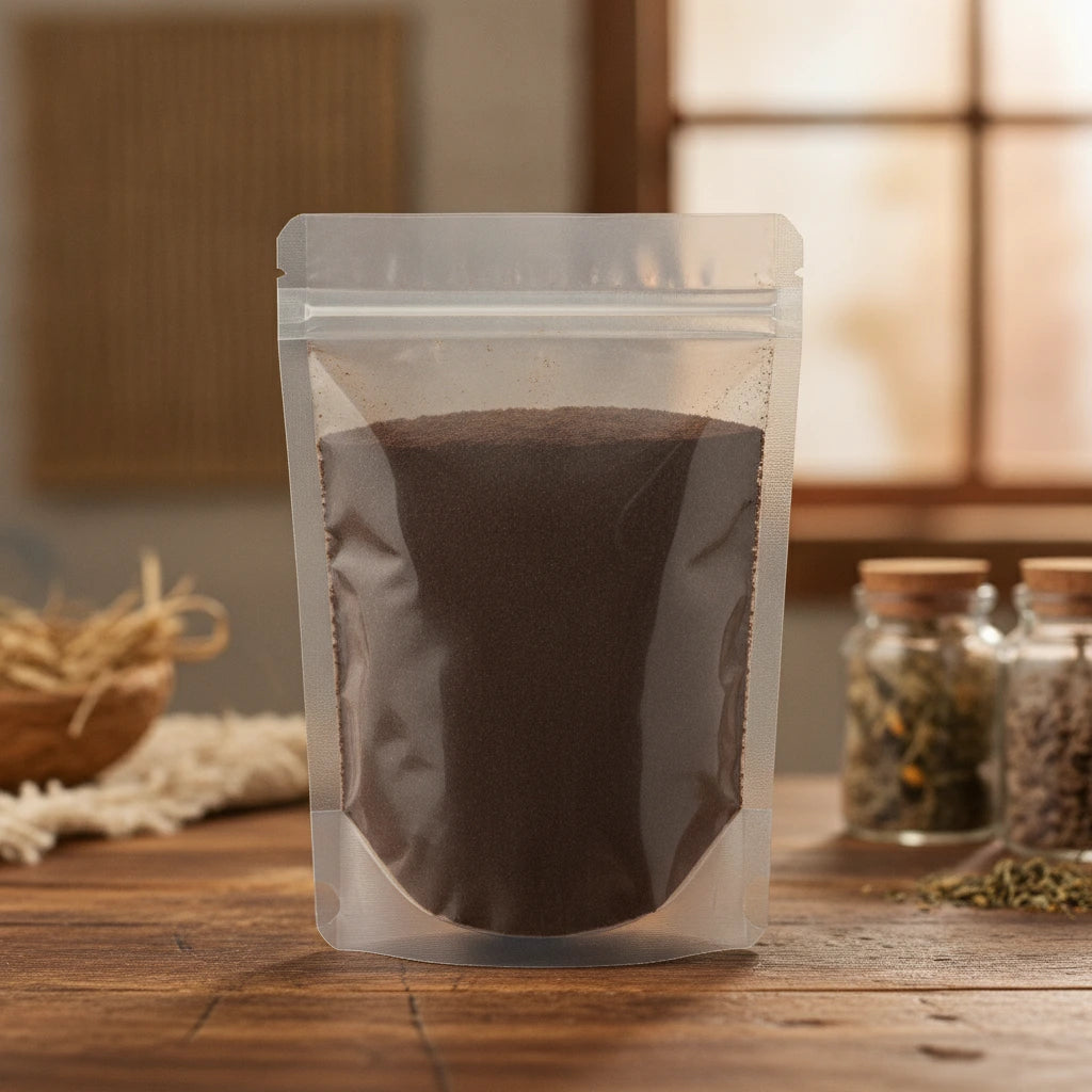 Black Walnut Hull Powder (Juglans Nigra) | The herb/berry/powder/fruit/root/bark that is in the black bowl, i would like it to shown in a plastic stand up resalable pouch that is clear.