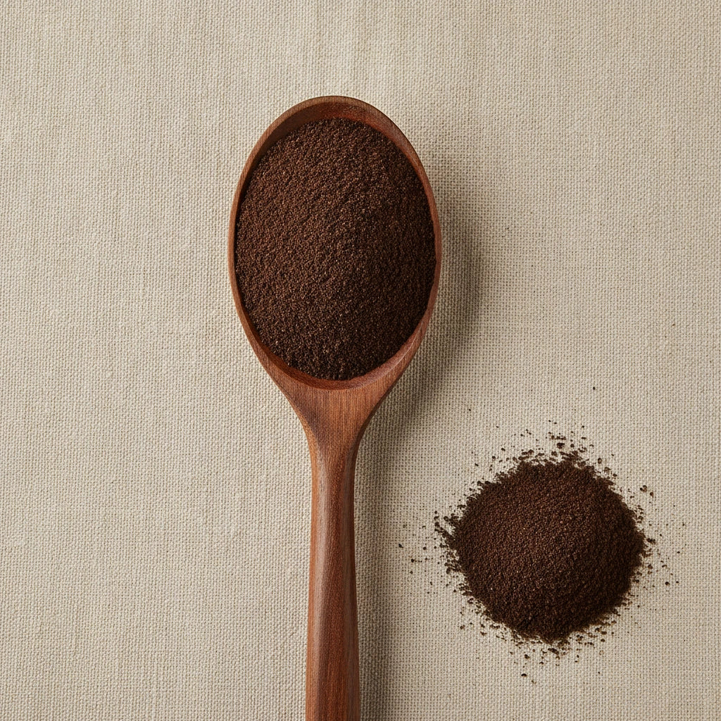 Black Walnut Hull Powder (Juglans Nigra) | Create a luxurious, photorealistic product photograph featuring the original product naturally arranged in an elegant handcrafted wooden spoon on a soft, finely