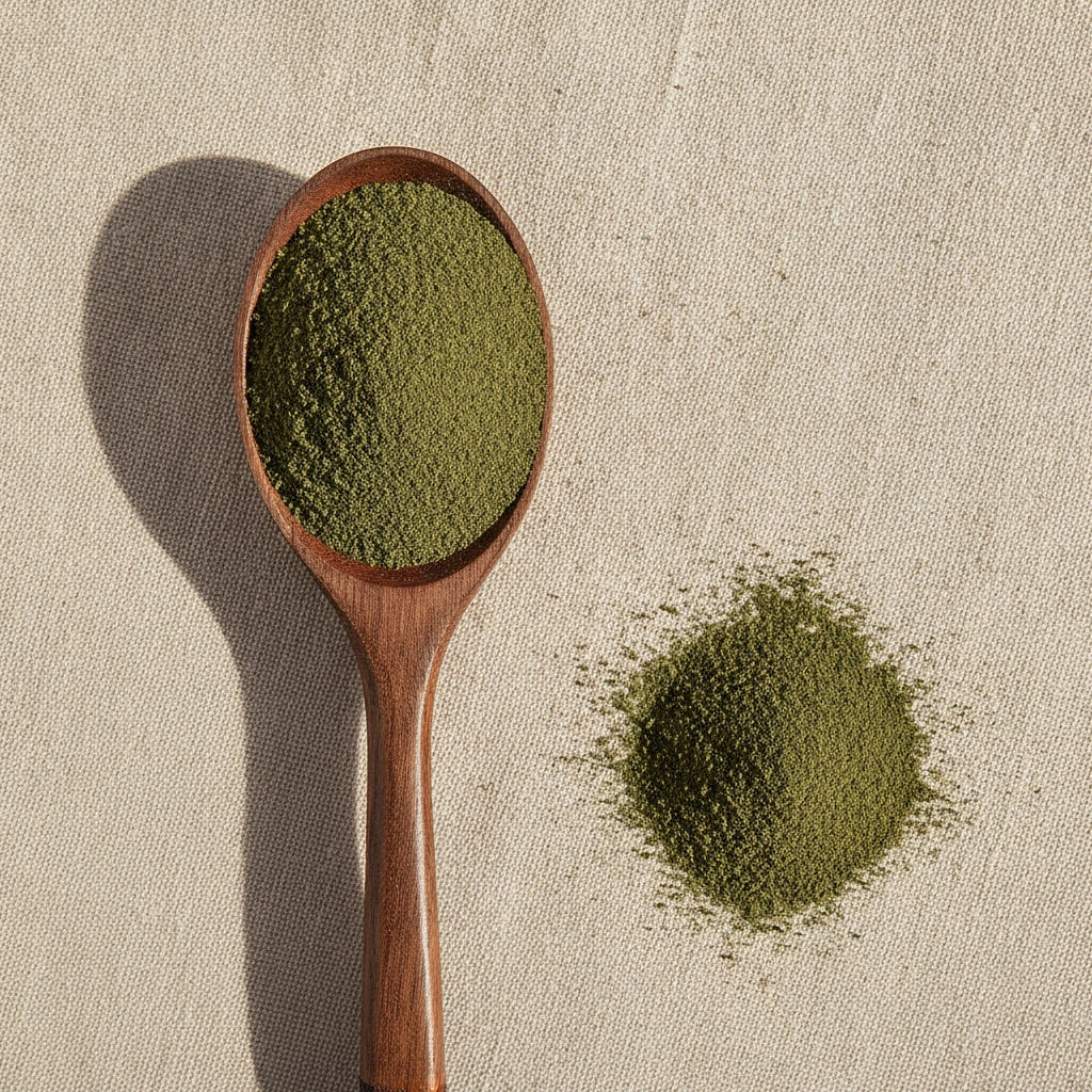 Black Walnut Leaf Powder (Juglans Sp.) | Create a luxurious, photorealistic product photograph featuring the original product naturally arranged in an elegant handcrafted wooden spoon on a soft, finely