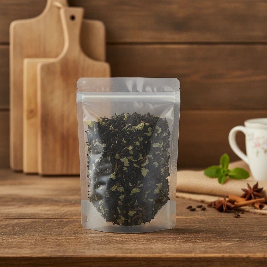 Blackberry Fruit Black Tea (Camellia Sinensis) | The herb/powder/tea that is in the black bowl, i would like it to shown in a plastic stand up resalable bag that is clear.