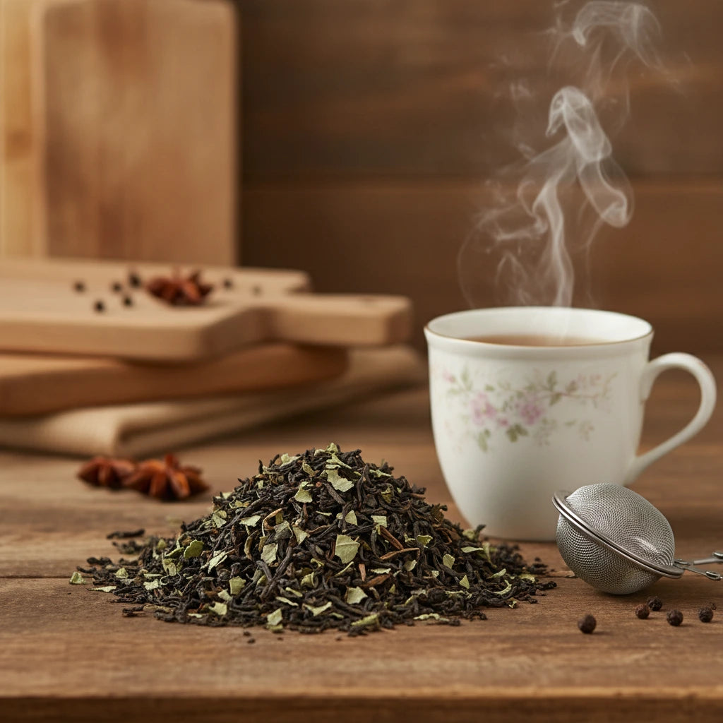Blackberry Fruit Black Tea (Camellia Sinensis) | Can you show this tea outside of the bag and bowl, on a table next to a hot tea cup in a rustic home.