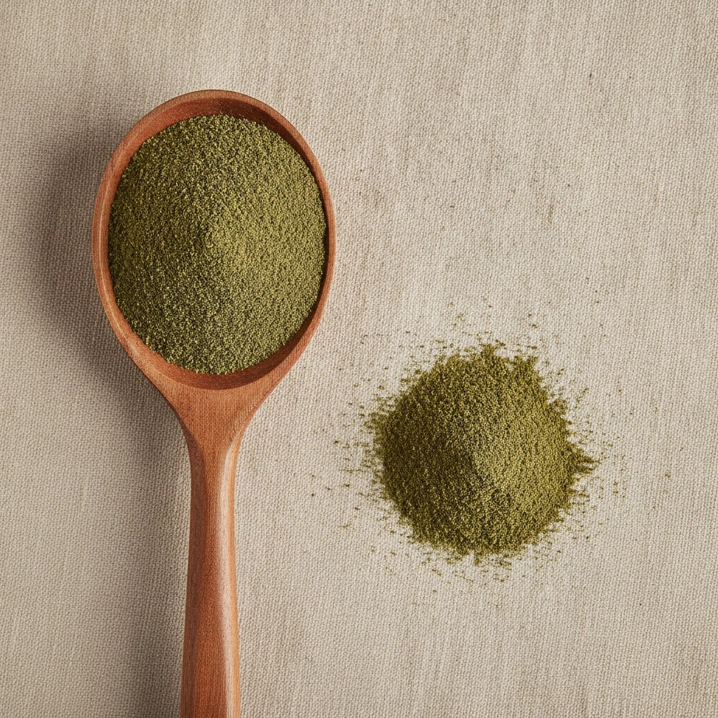 Bladderwrack Powder (Fucus Vesiculosus) | Create a luxurious, photorealistic product photograph featuring the original product naturally arranged in an elegant handcrafted wooden spoon on a soft, finely