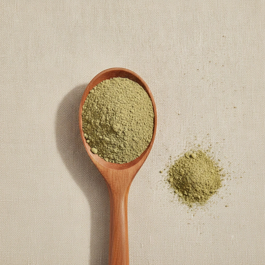Blessed Thistle Herb Powder (Cnicus Benedictus) | Create a luxurious, photorealistic product photograph featuring the original product naturally arranged in an elegant handcrafted wooden spoon on a soft, finely
