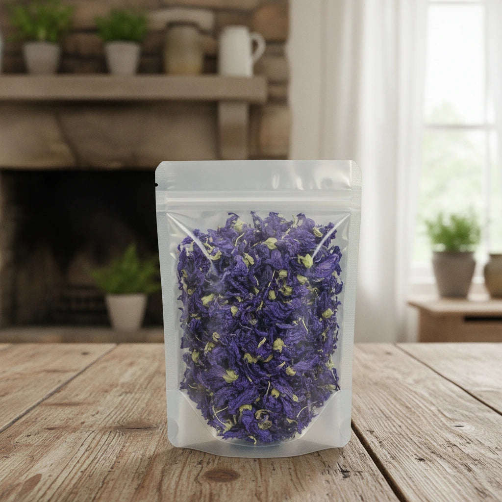 Blue Malva Flowers Whole (Malva Sylvestris) | The herb/berry/powder/fruit/root/bark that is in the black bowl, i would like it to shown in a plastic stand up resalable pouch that is clear.